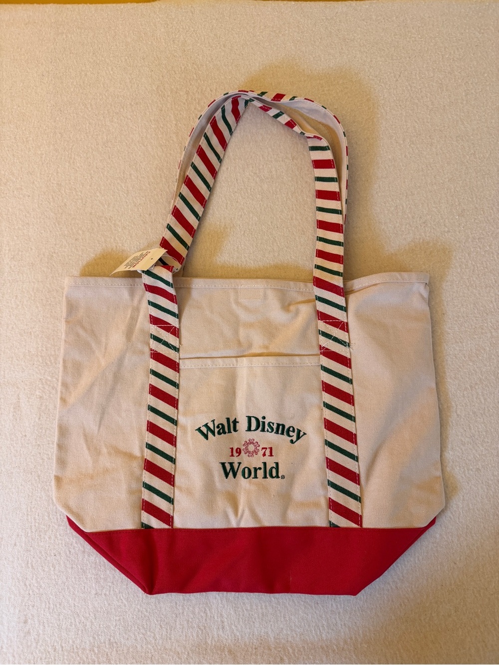 NWT Disney World Holiday Canvas Tote Bag 1971 Red Green Striped Christmas Tote